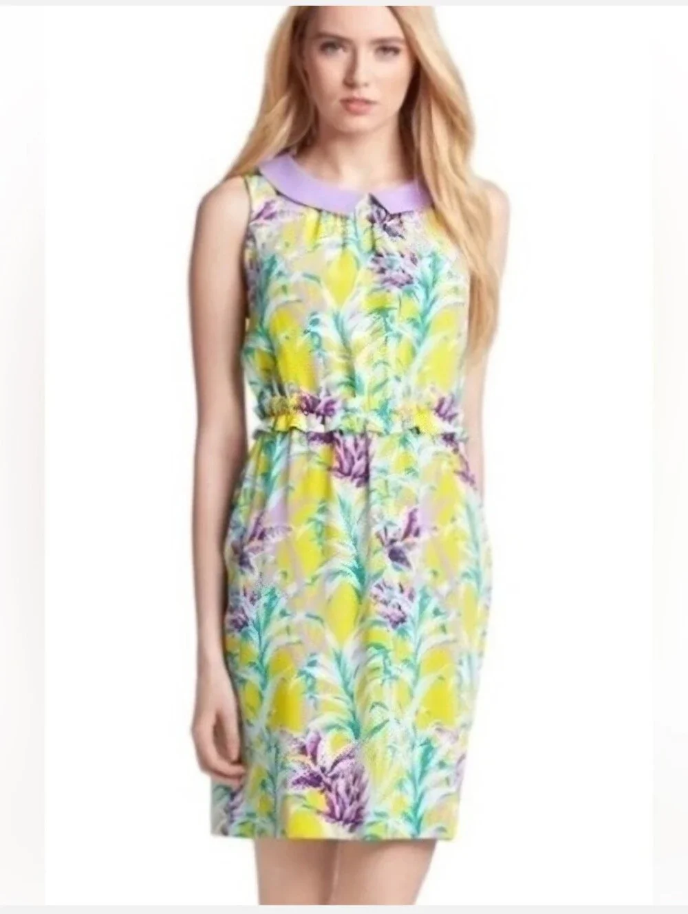 Kate Spade Yellow & Lavender Floral Print Peter Pan Collar Silk Dress